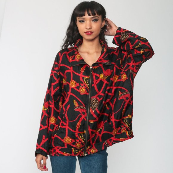 EVR Vintage 100% Silk Gold Accessories Gold Belts Print Red Zip Up Bomber Jacket - Picture 7 of 12